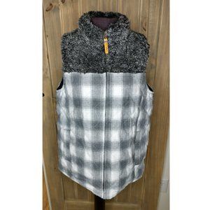 Simply Southern Plaid Quilted Vest Lumber Jill Med Black White Fuzzy Collar Zips